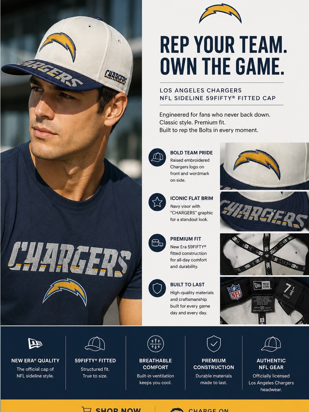 Los Angeles Chargers Navy & White Fitted Cap NFL 7 1/8